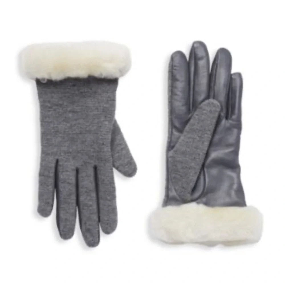 UGG Shearling Leather And Fabric Touchscreen Gloves Women’s Small Gray White